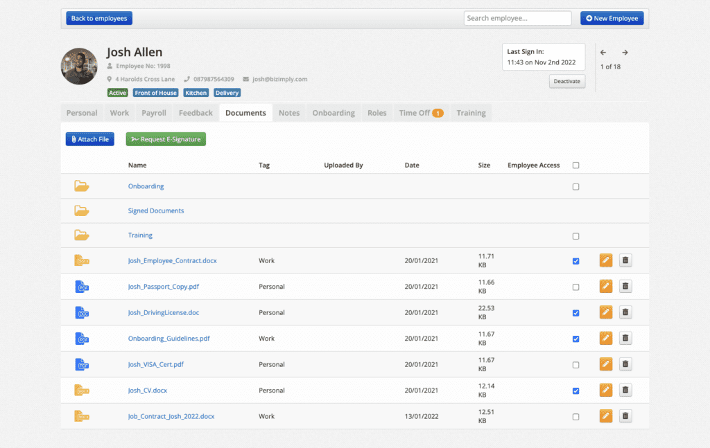 Employee profile -Documents tab