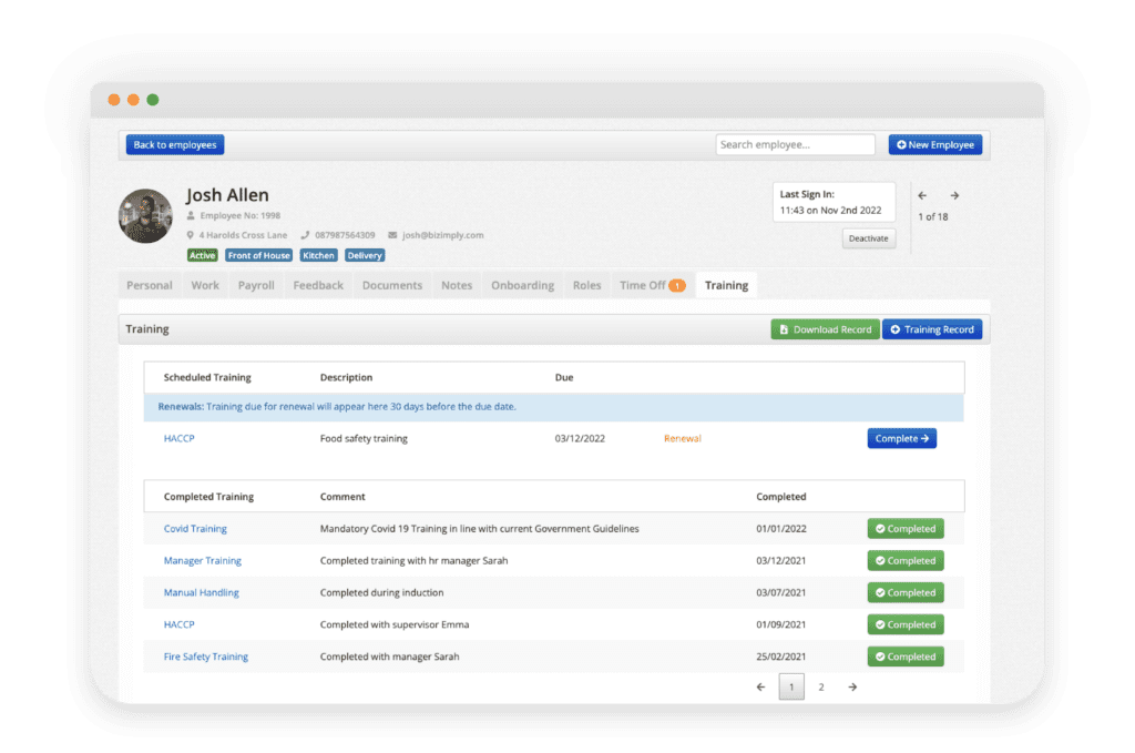 Employee Profile Training Tab Bizimply